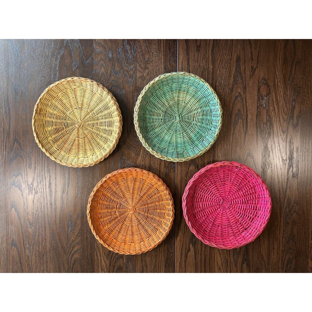 Woven Ratan Round Wicker Plates Multi colored lot of 5